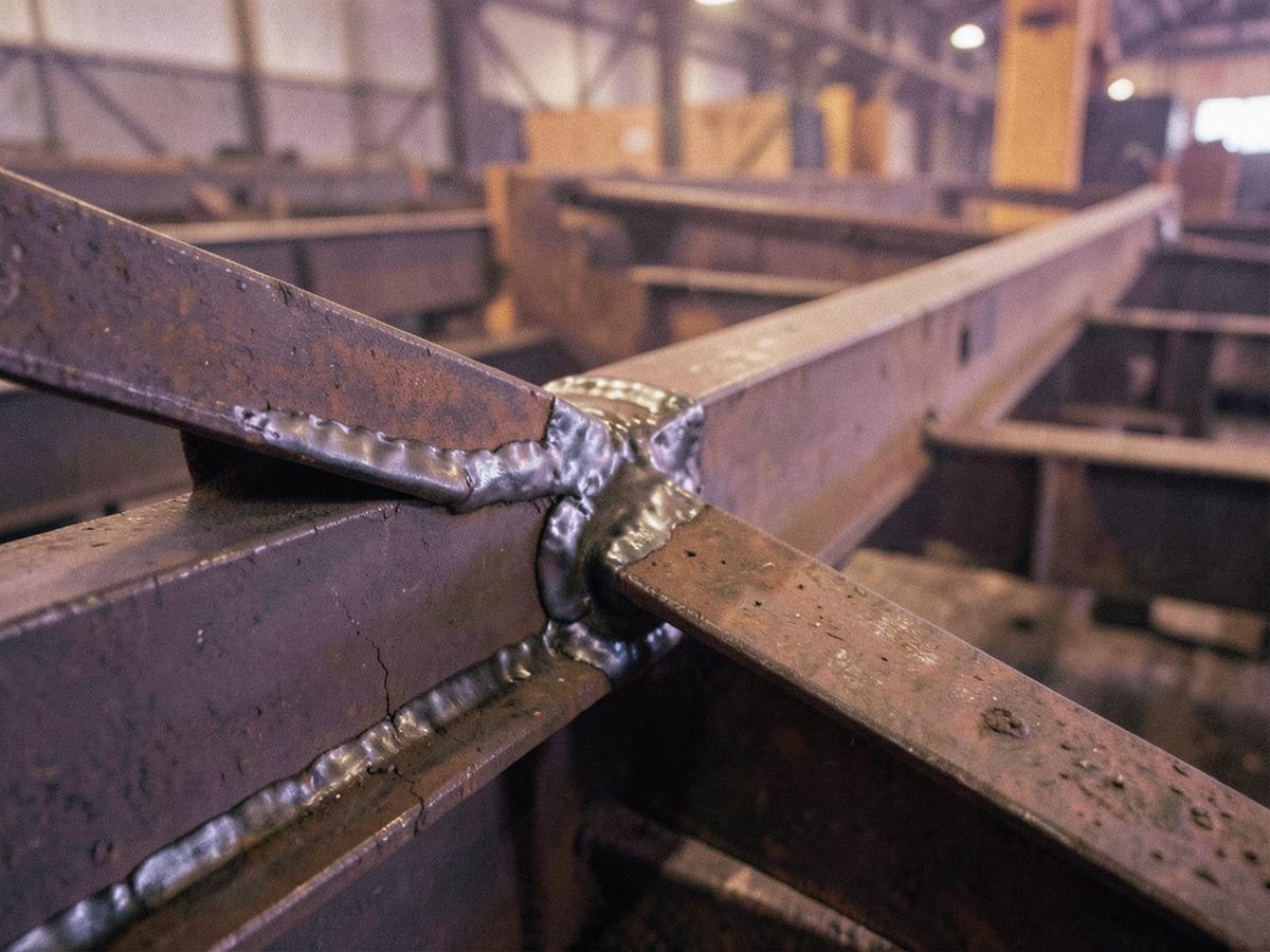 Detalle de estructuras de acero soldadas en una nave industrial