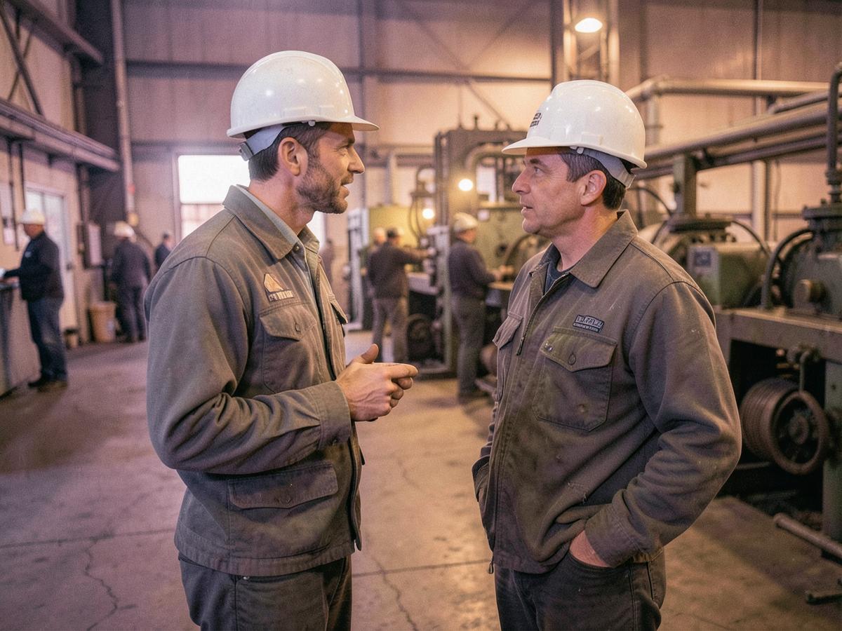Dos personas conversando en el piso de una planta industrial
